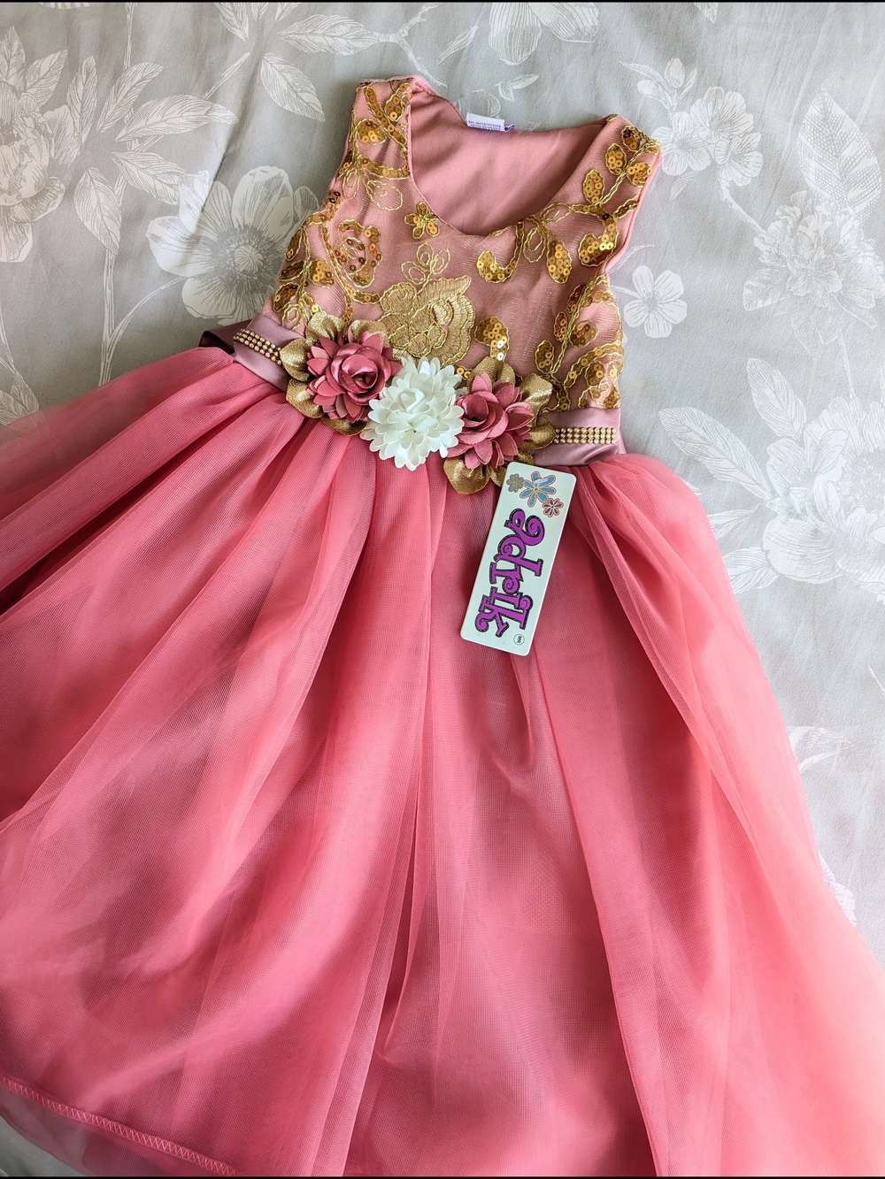 Girls' Pink Floral Tulle Party Dress with Gold Embroidered Bodice